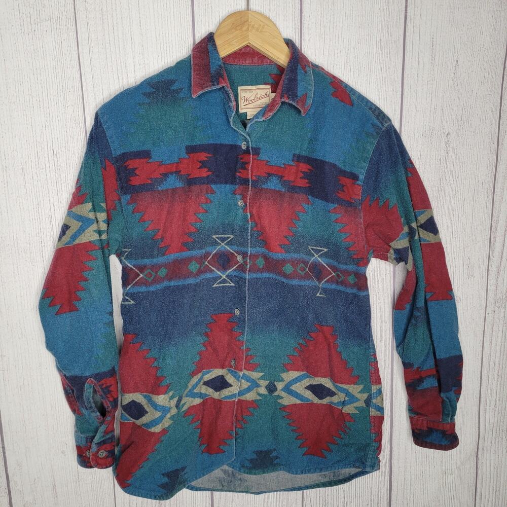 Vintage Woolrich Blue Red Aztec Flannel Collared Button Up Shirt Mens Medium